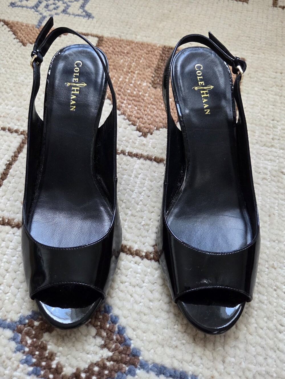 Cole Haan Air Talua Black Patent Leather Peep-Toe Slingback Heels, Size 11